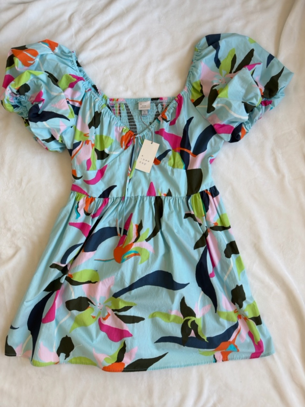 Floral Puff-Sleeve Dress in Light Blue